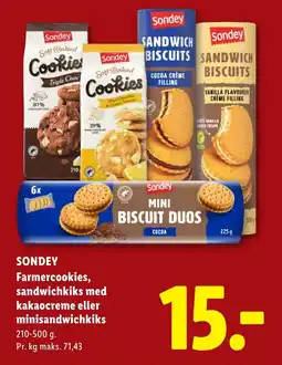 Lidl Sondey farmercookies, sandwichkiks med kakaocreme eller minisandwichkiks tilbud