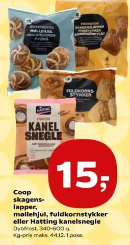 Kvickly Coop skagenslapper, møllehjul, fuldkornstykker eller Hatting kanelsnegle tilbud