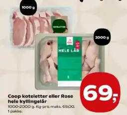 Kvickly Coop koteletter eller Rose hele kyllingelår tilbud