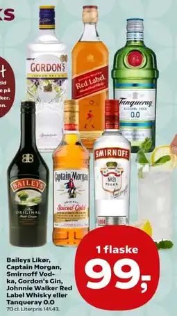 Kvickly Baileys Likør, Captain Morgan, Smirnoff Vodka, Gordon's Gin, Johnnie Walker Red Label Whisky eller Tanqueray 0.0 tilbud