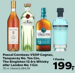Kvickly Pascal Combeau VSOP Cognac, Tanqueray No. Ten Gin, The Singleton 12 års Whisky eller London No. 1 Gin tilbud