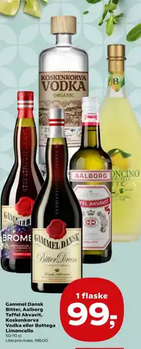 Kvickly Gammel Dansk Bitter, Aalborg Taffel Akvavit, Koskenkorva Vodka eller Bottega Limoncello tilbud