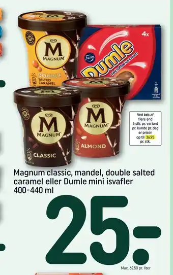 Magnum classic, mandel, double salted caramel eller Dumle mini isvafler