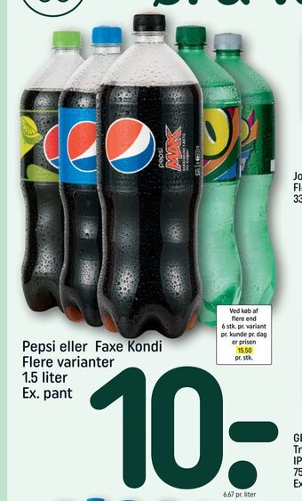 REMA 1000 Pepsi eller Faxe Kondi 1,5 liter Ex. pant tilbud