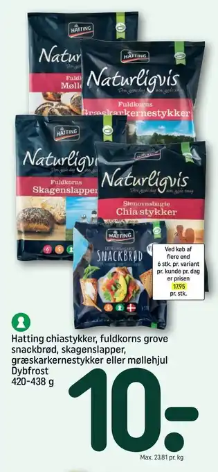 REMA 1000 Hatting chiastykker, fuldkorns grove snackbrød, skagenslapper, græskarkernestykker eller møllehjul tilbud