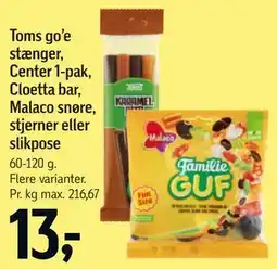 Føtex Toms go’e stænger, Center 1-pak, Cloetta bar, Malaco snøre, stjerner eller slikpose tilbud