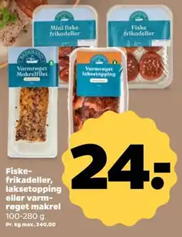Netto Fiskefrikadeller, laksetopping eller varmrøget makrel tilbud