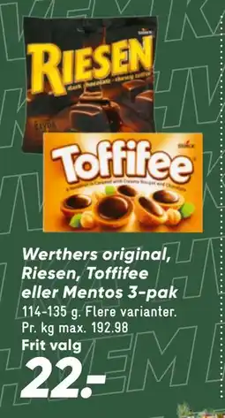 Bilka Werthers original, Riesen, Toffifee eller Mentos 3-pak tilbud