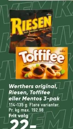 Bilka Werthers original, Riesen, Toffifee eller Mentos 3-pak tilbud