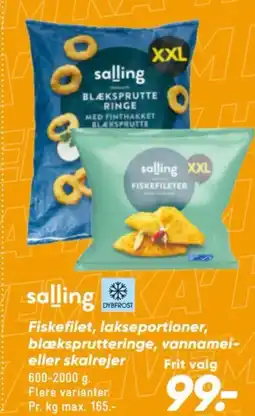 Bilka Salling fiskefilet, lakseportioner, blæksprutteringe, vannamei- eller skalrejer tilbud