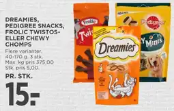 MENY Dreamies Pedigree Snacks Frolic Twistos eller Chewy Chomps tilbud