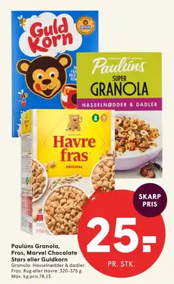 SPAR Paulüns Granola, Fras, Marvel Chocolate Stars eller Guldkorn tilbud