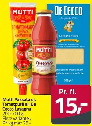 Fleggaard Mutti Passata el. Tomatpuré el. De Cecco Lasagna tilbud