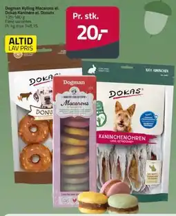 Fleggaard Dogman Kylling Macarons el. Dokas Kaninøre el. Donuts tilbud