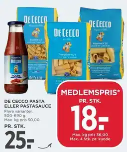 MENY DE CECCO PASTA ELLER PASTASAUCE tilbud
