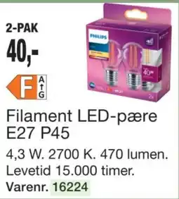 Harald Nyborg Philips Filament LED-pære E27 P45 tilbud