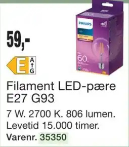 Harald Nyborg Philips Filament LED-pære E27 G93 tilbud
