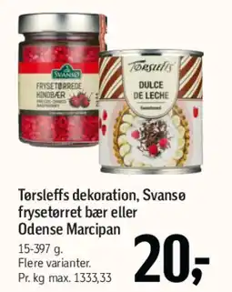 Føtex Tørsleffs dekoration / Svansø frysetørret bær eller Odense Marcipan tilbud