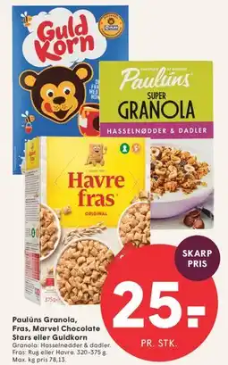 SPAR Paulúns Granola / Havre Fras / Marvel Chocolate Stars / Guldkorn tilbud