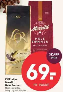 SPAR L'OR eller Merrild Hele Bønner tilbud