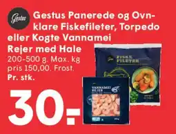 SPAR Gestus panerede og ovnklare fiskefileter / Kogte Vannamei rejer med hale tilbud