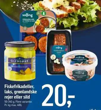 Fiskefrikadeller, laks, grønlandske rejer eller sild