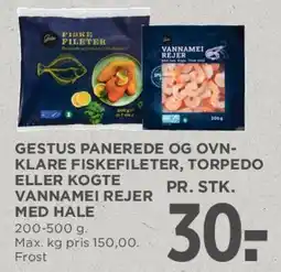MENY Gestus panerede og ovnklare fiskefileter / torpedo / kogte vannamei rejer med hale tilbud