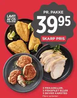 MENY 3 frikadeller, 3 fiskefileter eller 3 skiver kamsteg tilbud