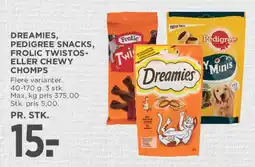 MENY Dreamies, Pedigree snacks, Frolic Twistos eller Chewy Chomps tilbud