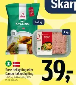 Føtex Rose hel kylling eller Danpo hakket kylling tilbud