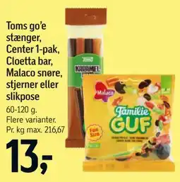 Føtex Toms go’e stænger, Center 1-pak, Cloetta bar, Malaco snøre, stjerner eller slikpose tilbud