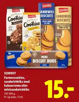 Lidl Sondey Farmercookies, sandwichkiks med kakao creme eller minisandwichkiks tilbud