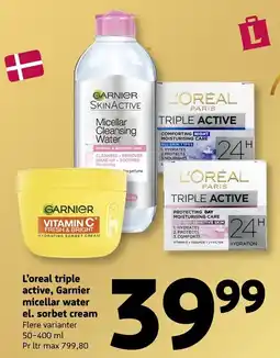 Løvbjerg L'oreal triple active, Garnier micellar water el. sorbet cream tilbud