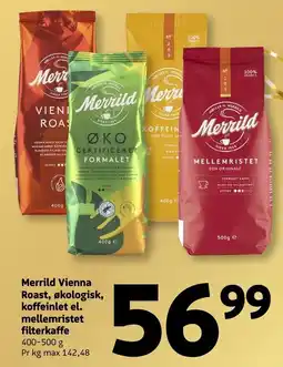 Løvbjerg Merrild vienna roast, økologisk, koffeinlet el. mellemristet filterkaffe tilbud