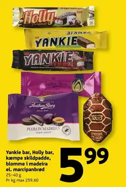 Løvbjerg Yankie bar, Holly bar, kæmpe skildpadde, blomme i madeira el. marcipanbrød tilbud