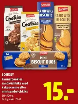 Lidl SONDEY Farmercookies, sandwichkiks med kakaocreme eller minisandwichkiks tilbud