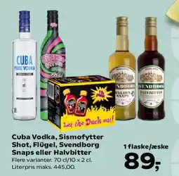 SuperBrugsen Cuba Vodka, Sismofytter Shot, Flügel, Svendborg Snaps eller Halvbitter tilbud