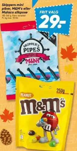 Bilka Skippers mini piber, M&M's eller Malaco slikpose tilbud