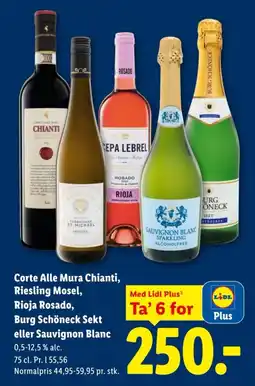 Lidl Corte Alle Mura Chianti, Riesling Mosel, Rioja Rosado, Burg Schöneck Sekt eller Sauvignon Blanc tilbud