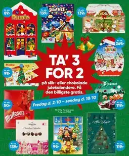 Bilka TA' 3 FOR 2 på slik- eller chokolade julekalendere. Få den billigste gratis tilbud