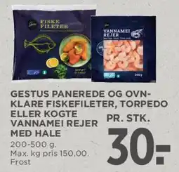 MENY Gestus panerede og ovnklare fiskefileter / kogte vannamei rejer tilbud