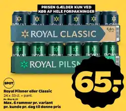 Netto Royal Pilsner eller Classic (6/24 stk.) tilbud