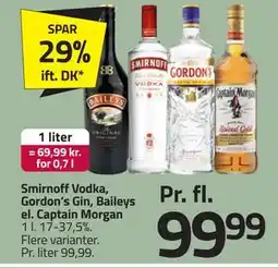 Fleggaard Smirnoff Vodka, Gordon’s Gin, Baileys el. Captain Morgan tilbud