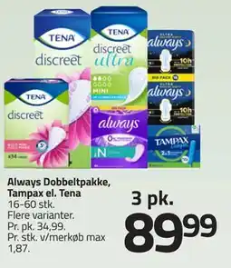 Fleggaard Always Dobbeltpakke, Tampax el. Tena tilbud