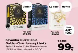 SuperBrugsen Savanha eller Diablo Golden Chardonnay i boks tilbud