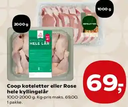 SuperBrugsen Coop koteletter eller Rose hele kyllingelår tilbud