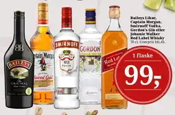 Dagli'Brugsen Baileys Likør, Captain Morgan, Smirnoff Vodka, Gordon's Gin eller Johnnie Walker Red Label Whisky tilbud