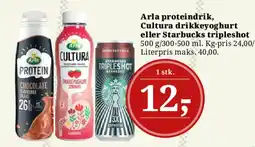 Dagli'Brugsen Arla proteindrik, Cultura drikkeyoghurt eller Starbucks tripleshot tilbud