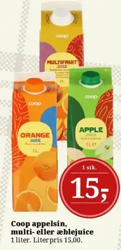 Dagli'Brugsen Coop appelsin, multi- eller æblejuice tilbud