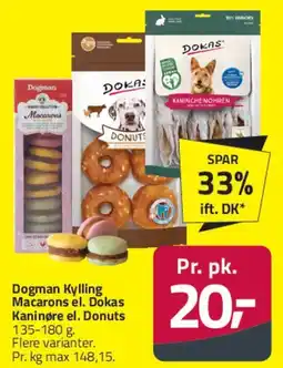 Fleggaard Dogman / Dokas hundegodbidder (f.eks. Kylling Macarons, Kaninører, Donuts) tilbud